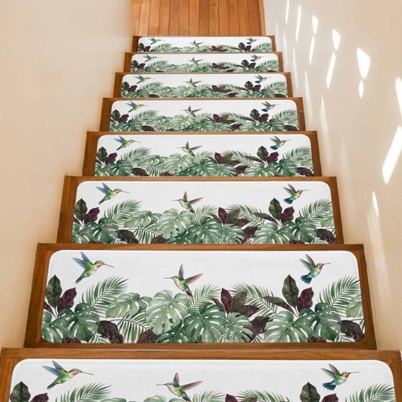 Tropical Plant Stair Treads Non Slip for Steps Summer Watercolor Monstera Hummingbird 4 Pcs Reusable Adhesive Stair Runner Mats for Dogs Elders Carpet Treads Rugs for Staircase 8x30 In