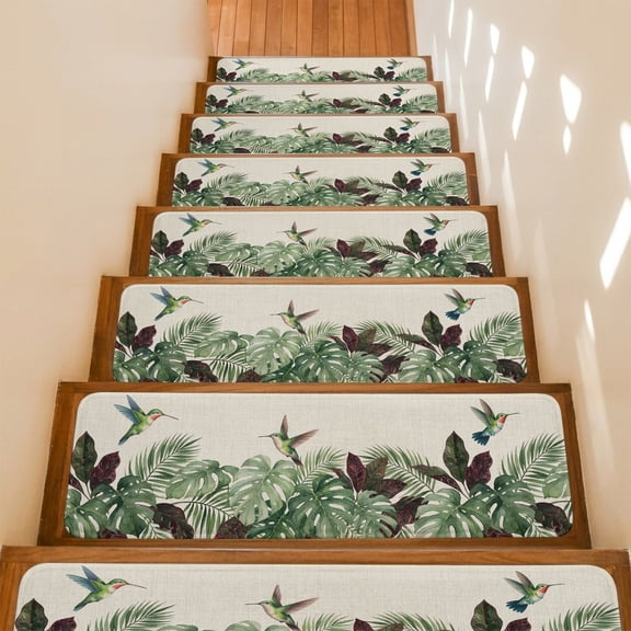 Tropical Plant Stair Treads Non Slip for Steps Summer Watercolor Monstera Hummingbird Linen Texture 4 Pcs Reusable Adhesive Stair Runner Mats for Dogs Elders Carpet Treads Rugs for Staircase 8x30 In