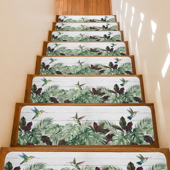 Tropical Plant Stair Treads Non Slip for Steps Summer Watercolor Monstera Hummingbird Wood Grain 4 Pcs Reusable Adhesive Stair Runner Mats for Dogs Elders Carpet Treads Rugs for Staircase 8x30 In