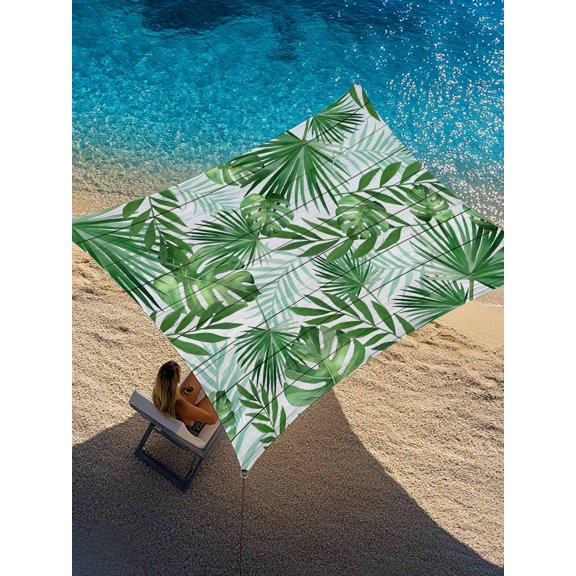 Tropical Plant Sun Shade Sail 12' x 16', Green Palm Leaves Watercolor Summer White Wood Grain Rectangle Outdoor Sunshade Canopy, Waterproof UV Block Patio Covers for Garden Yard Beach