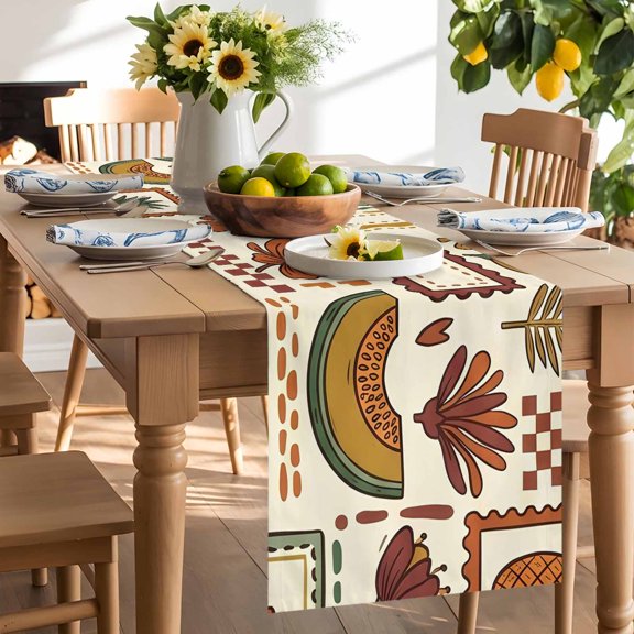 Tropical Plant Table Runner, Palm Leaf Orange Cantaloupe Pineapple Red Yellow Flowers Washable Kitchen Table Runners Dress Scarves for Dining Table Decorations Party/Restaurant, 13x36in