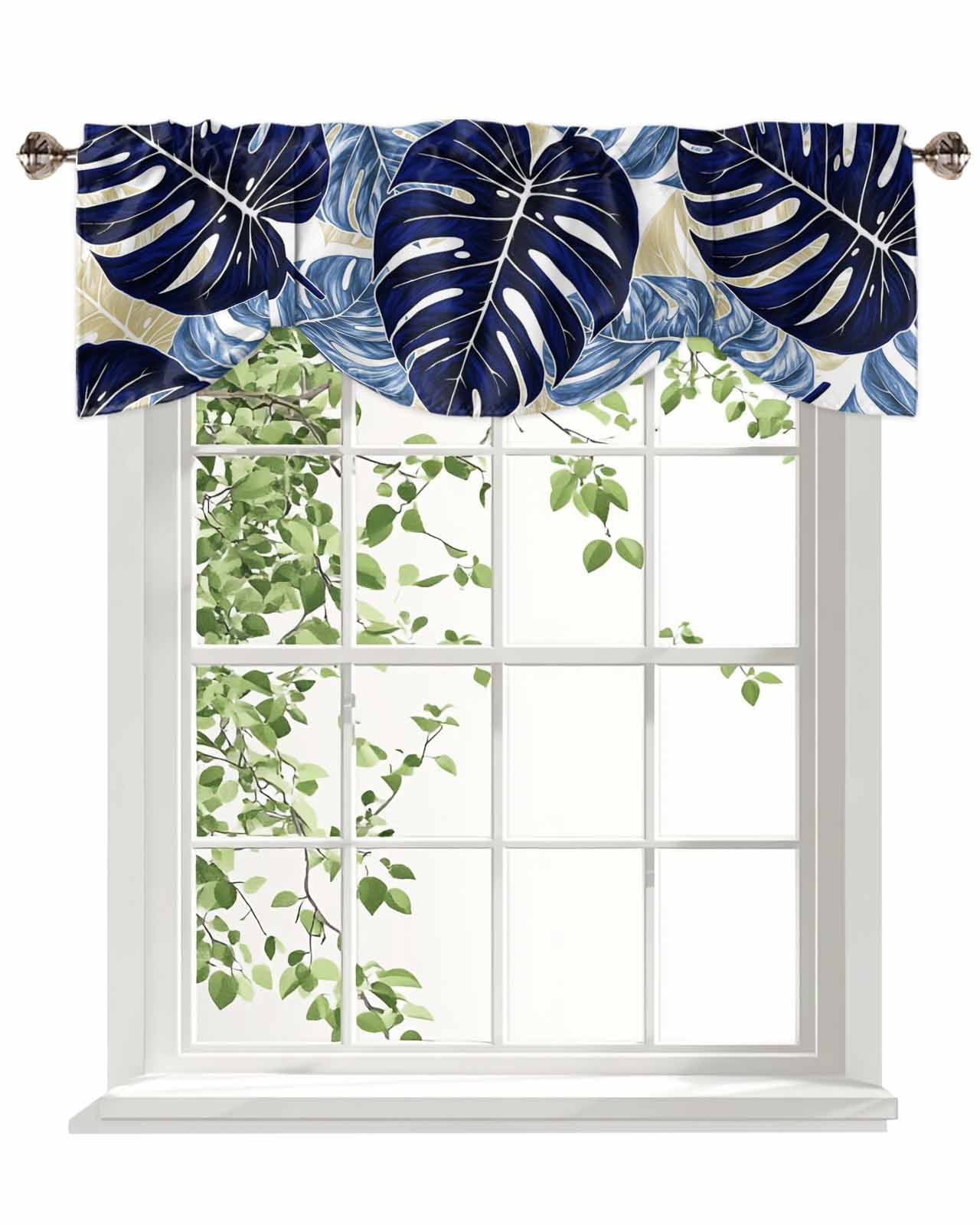 Tropical Plant Tie Up Valances Curtain, Adjustable Kitchen Blue Palm Leaf Country Texture Valances for Windows Decor, Rod Pocket Short Curtains Set for Bedroom/Bathroom, 60"x18"