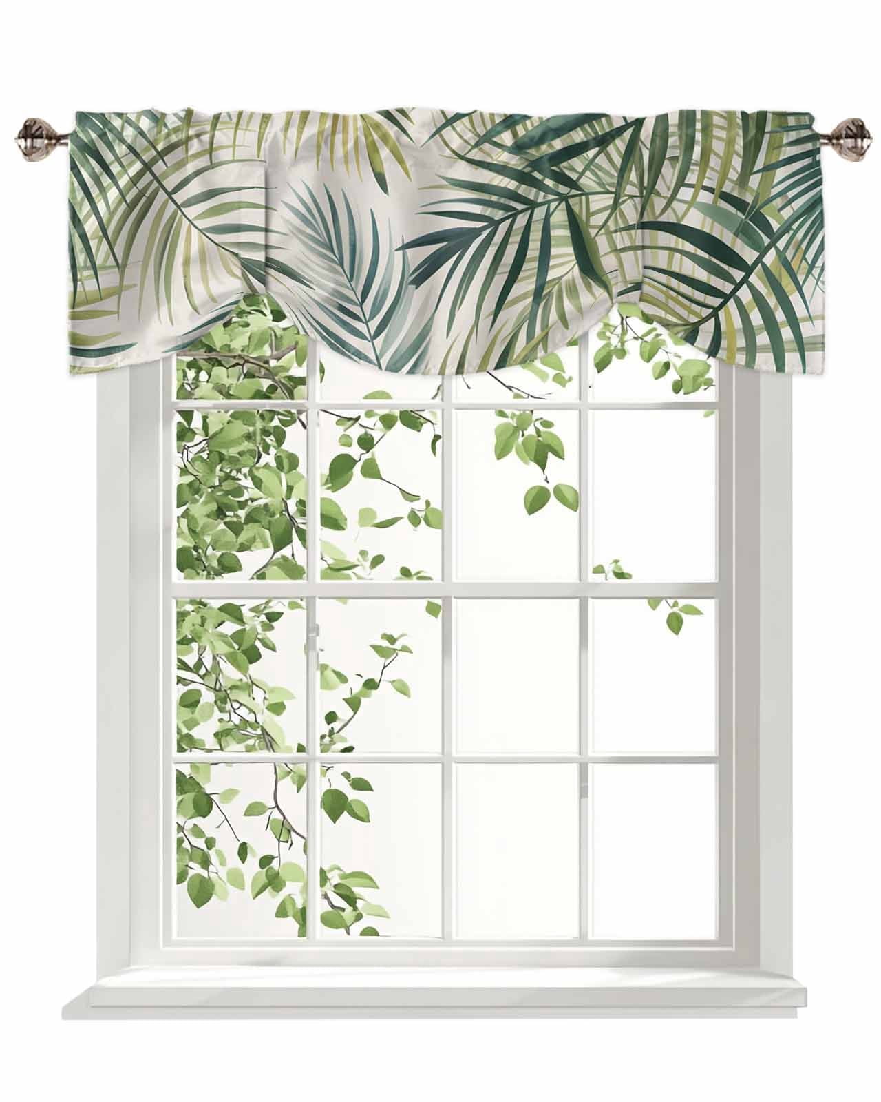 Tropical Plant Tie Up Valances Curtain, Adjustable Kitchen Green Leaf Valances for Windows Decor, Rod Pocket Short Curtains Set for Bedroom/Bathroom, 54"x18"