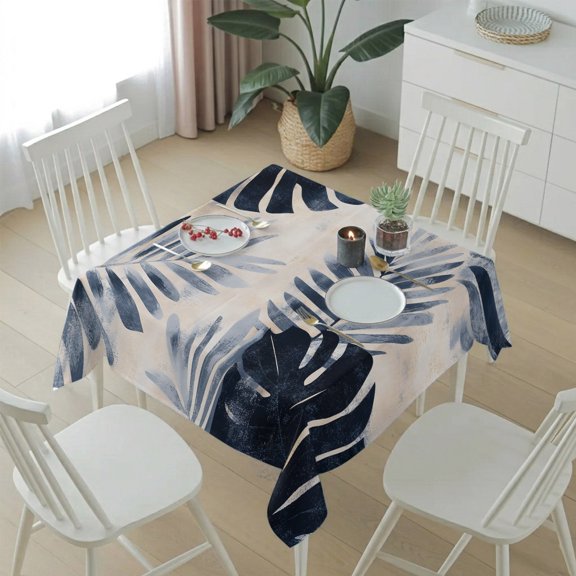 Tropical Plant Turtle Backed Leaves Table Cloth 60x60in, Waterproof Square Tablecloth Wipeable Tablecloths Retro Blue Leaf Table Covers for Dining Tables Party Indoor Outdoor