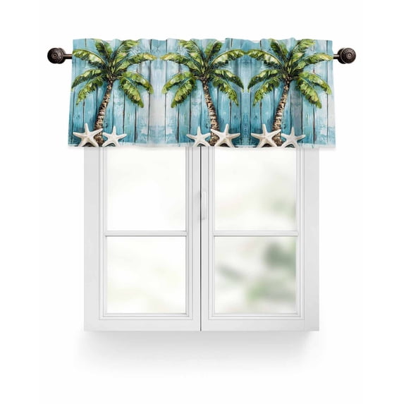 Tropical Plant Valances for Windows Blue Wood Grain Starfish Vintage Nautical Valance Rod Pocket Short Window Treatments Curtains for Kitchen Bathroom Living Room Bedroom, 42 x 18 Inch