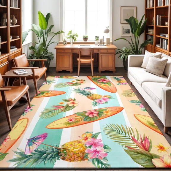 Tropical Plant Washable Area Rug 6 x 9 ft Pineapple Surfboard Pink Flowers Summer Green Orange Striped, Soft Non Slip Rugs Stain Repellent Indoor Felt Carpet for Living Dining Room Bedroom Home