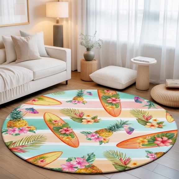 Tropical Plant Washable Round Area Rug 3 ft, Pineapple Surfboard Pink Flowers Summer Green Orange Striped, Soft Non Slip Rugs Stain Repellent Indoor Felt Carpet for Living Dining Room Bedroom Home