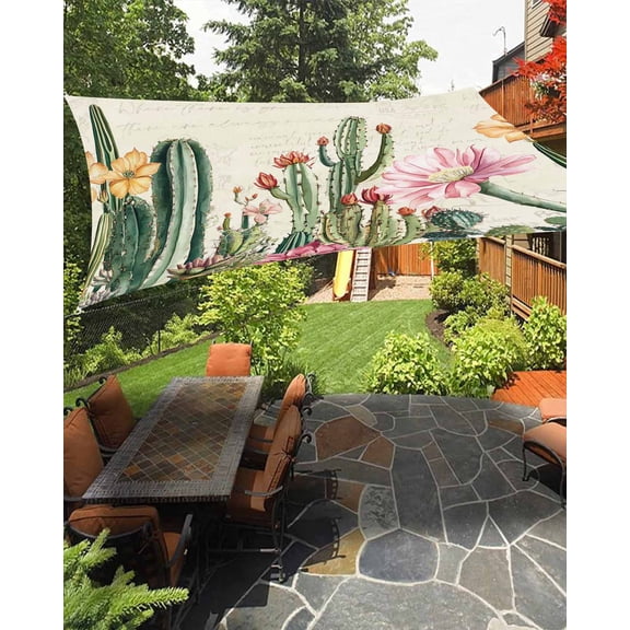 Tropical Plant Waterproof Sun Shade Sail Cactus Floral Farmhouse Plant Retro Background Outdoor Patio Sun Shades Canopy UV Block Waterproof Sunshade for Garden Backyard Deck Pergola 6.5x10 Ft