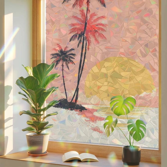 Tropical Plant Window Privacy Film, Red Black Palm Tree Sunset Coastal Beach Ocean Stained Glass Rainbow Film Decorative Window Clings, Static Cling Sun Blocking Stickers 23.6" x 59"