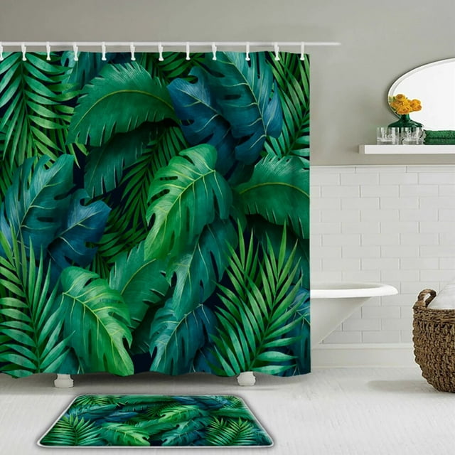 Tropical Plant leaves Shower Curtain Set Waterproof Fabric Palm leaf ...