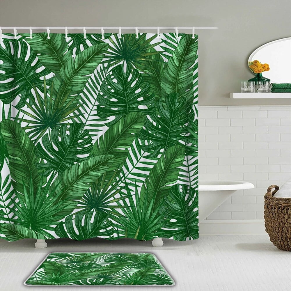 Tropical Plant leaves Shower Curtain Set Waterproof Fabric Palm leaf ...