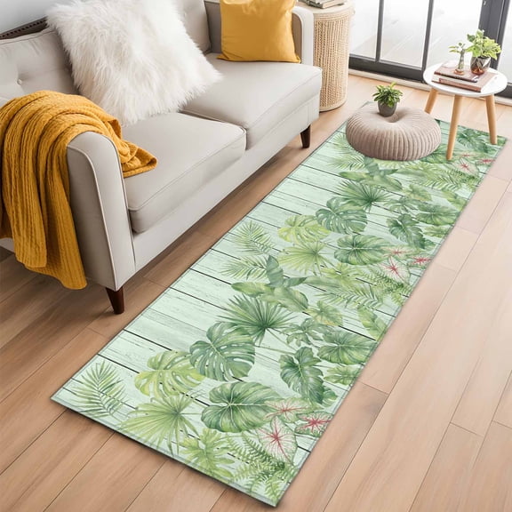 Tropical Plants 2'x6' Runner Rugs for Hallway Kitchen Bedside Non Slip Washable, Summer Green Palm Leaves Wooden Grain Entryway Rug Runners with Rubber Backing, Long Carpet Runner for Laundry Room