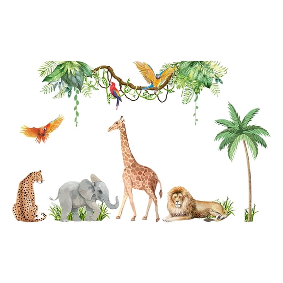 Tropical Plants Animals Wall Stickers Lion Giraffe Ele ant Cheetah Parrot Decals Vine Coconut Tree Sticker