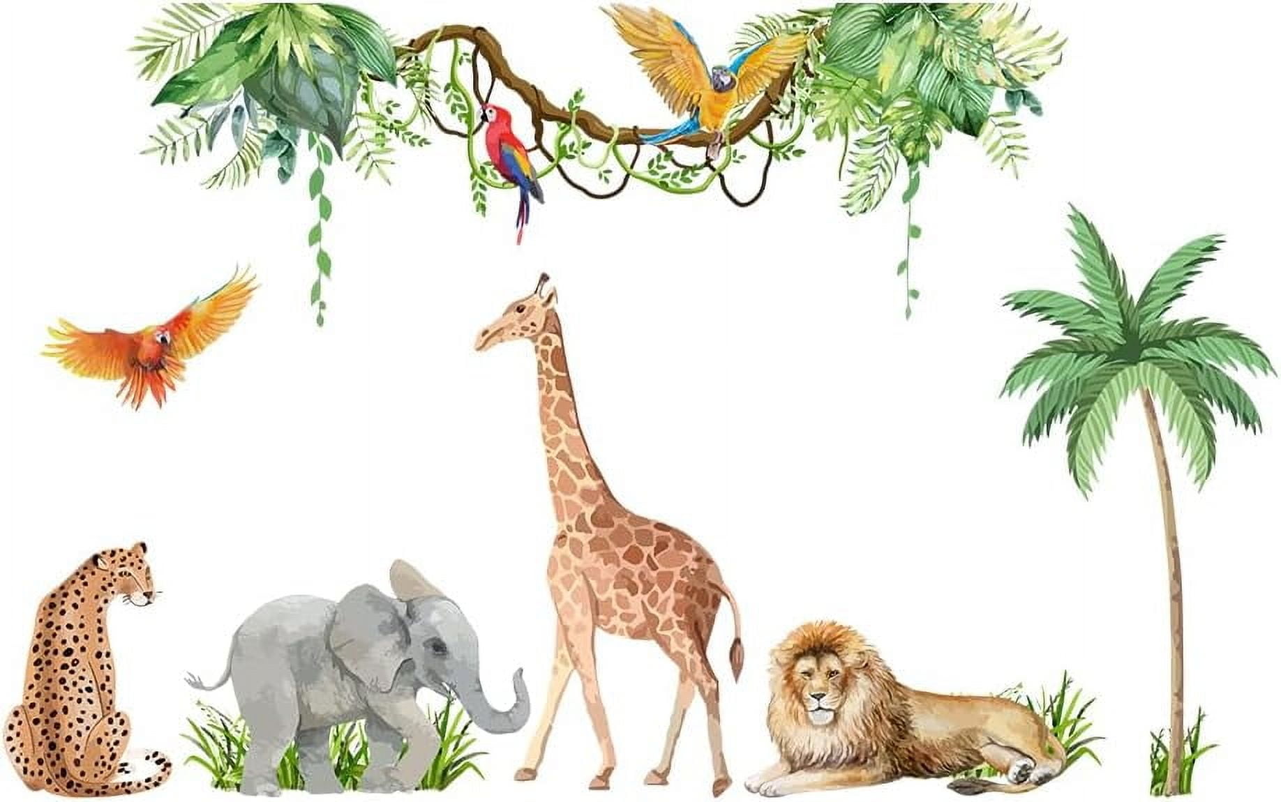 Tropical Plants Animals Wall Stickers Lion Giraffe Elephant Cheetah Parrot Decals Vine Coconut Tree Sticker for Kids Nursery Bedroom Living Room DIY Art Home Decor Murals DIY
