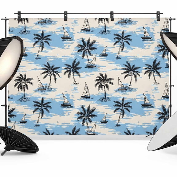 Tropical Plants Backdrop for Photoshoot,Photography Photo Studio Background Wall Backdrop,Cartoon Summer Ocean Beach Palm Tree Back Drop Banner Panel for Portraits Wedding Party Live Streaming 8x6Ft