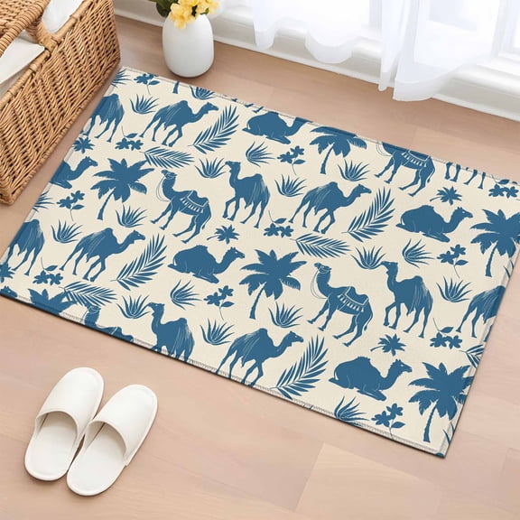 Tropical Plants Bathroom Rug Washable 2x3 Entryway Rug Non Slip Summer Farmhouse Vintage Blue Camels Front Door Mat Low Pile Indoor Doormat Throw Floor Carpet for Kitchen Bedroom Entrance