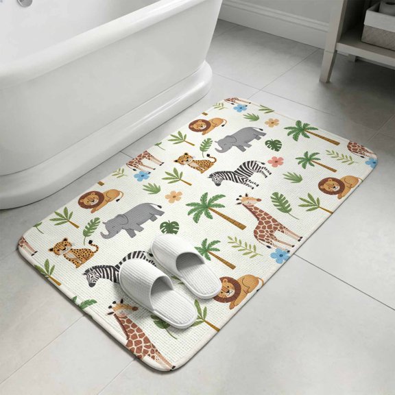 Tropical Plants Bathroom Rugs Non Slip Washable Bath Mat Absorbent Front Door Mat Animals Giraffes Zebras Lions Elephant Indoor Doormat for Kitchen Entryway Shower Decor Accessories 15.7"x23.6"