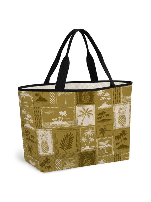 Tropical Plants Beach Bag for Women, Large Breathable Mesh Beach Tote Bag, Summer Palm Trees Pineapple Leaves Retro Yellow Sandproof Lightweight Travel Bags for Vacation Picnic Swimming Pool