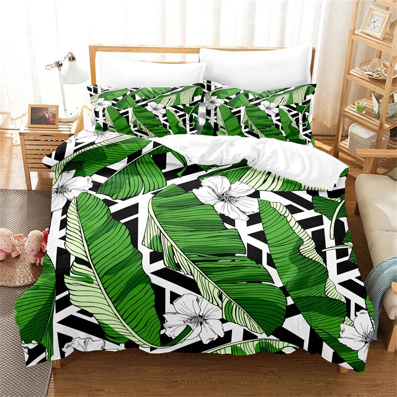 Tropical Plants Bedding Set Green Leaf Duvet Cover Boys Girls Duvet
