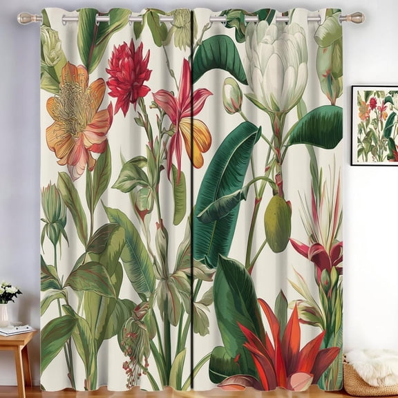 Tropical Plants Blackout Curtains For Bedroom, Sage Green Thermal Insulated Curtains For Living Room, Retro Flowers Darkening Drapes 42"W x 90"L (Pack of 2)