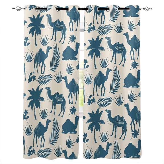 Tropical Plants Blackout Curtains for Bedroom, Thermal Insulated Window Treatment, Summer Farmhouse Vintage Blue Camels Grommet Top Blackout Draperies and Drapes for Basement 27.5"x39" 2 Panels