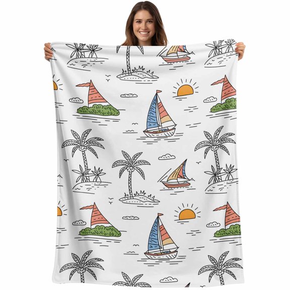 Tropical Plants Blanket Soft Cozy Warm Throw Blanket for Couch, Plush Fuzzy Flannel Fleece Blankets for Sofa, Cartoon Summer Palm Tree Sun Ship Beach Bed Blankets Lightweight Gifts for Women, 30"x40"