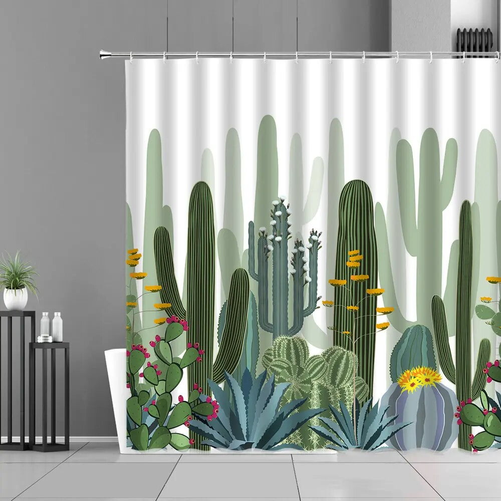 Tropical Plants Cactus Shower Curtain Green Landscape Bath Curtains ...