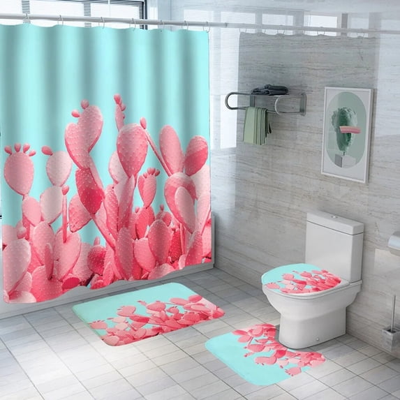 Tropical Plants Cactus Shower Curtain Set Non-Slip Rug Toilet Lid Cover Bath Mat Succulent Flower Fabric Bathroom Decor Curtains