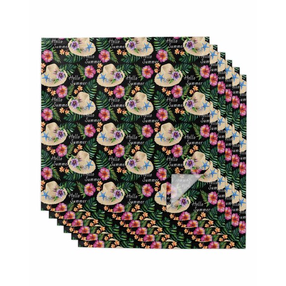 Tropical Plants Cloth Napkins Set of 6 Reusable Dinner Napkins, Green Palm Leaf Summer Flowers Straw Hat Cocktail Napkin Washable Table Napkins for Wedding/Holiday Party/Baby Shower 20"x20"