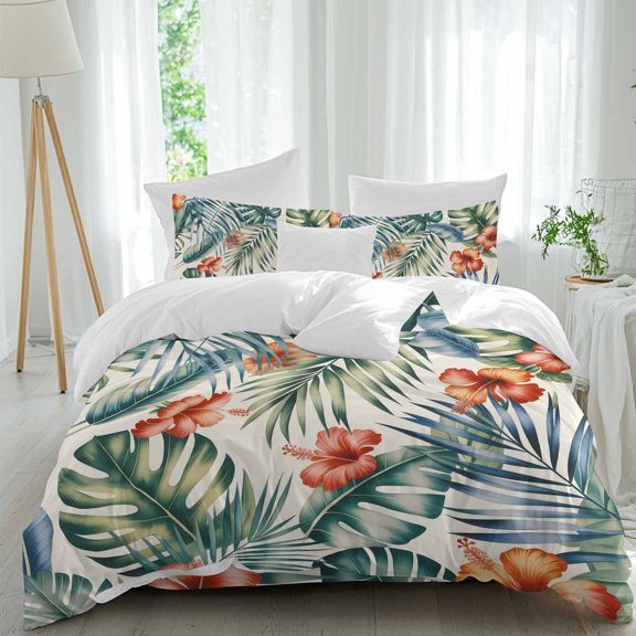 Tropical Plants Comforter Set Full Size, Tropical Hibiscus Flowers Paired Dense Green Palm Soft Bedding Set for Man Woman, 4 Pieces Duvet Cover Set with Fitted Sheet, 2 Pillowcases