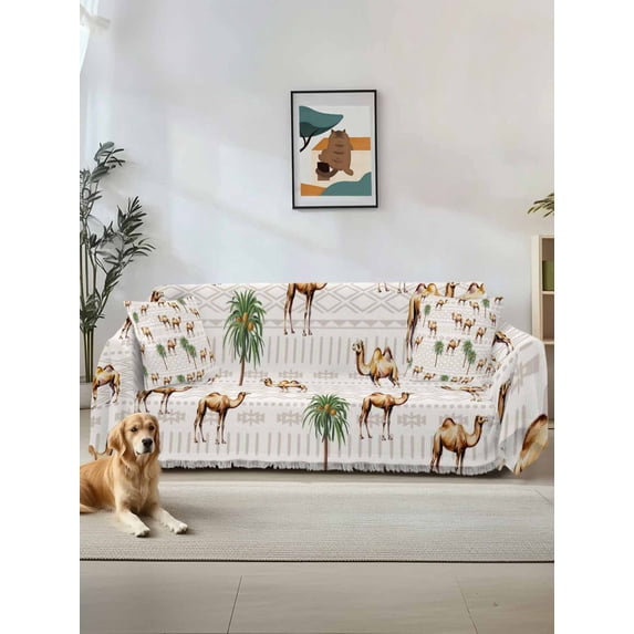 Tropical Plants Couch Cover for 2 Cushion Sofa, Summer Palm Trees Camel Animals Boho Washable Loveseat Sofa Covers Slipcover for Sectional Sofas L-Shaped, Couch Throw Cover 71"x118"