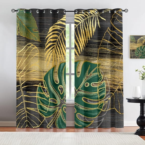 Tropical Plants Curtains For Boys' Living Room , Gold And Green Leaves Bedroom Decor Curtains, Soundproof Washable Grommet Privacy Insulated Drapes For Classroom Office 21"W x 45"L (Pack of 2)