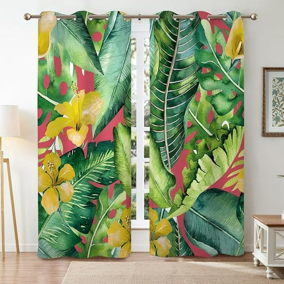 Tropical Plants Curtains, Chic Green Palm Leaves Plant Print Window Curtains Decorative Bath Curtain Grommet Top Blackout Window Drapes For Bedroom Living Room 26"W x 63"L (Pack of 2)