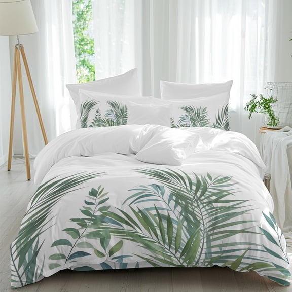 Tropical Plants Duvet Cover Set Twin Size, Green Palm Leaves Idyllic Botanical 4 Piece Soft Microfiber Bedding Set with 1 Duvet Cover, 1 Flat Sheet, 2 Pillowcases