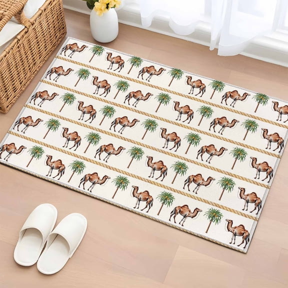 Tropical Plants Entryway Rug 2'x3' Non Slip Front Door Mats, Camel Animals Summer Palm Trees Stripes Entrance Rugs Indoor Outdoor Carpet, Washable Floor Mats Small Area Rug for Bedroom Kitchen