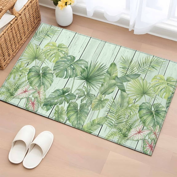 Tropical Plants Entryway Rug 2'x3'&nbsp; Non Slip Front Door Mats, Summer Green Palm Leaves Wooden Grain Entrance Rugs Indoor Outdoor Carpet, Washable Floor Mats Small Area Rug for Bedroom Kitchen