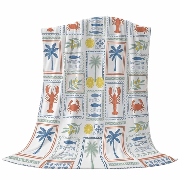 Tropical Plants Fleece Throw Blanket Green Palm Trees Yellow Lemon Lobster Crab Fish Ultra Soft Fuzzy Cozy Flannel Throw Blanket for Couch Sofa Bed Car Travel, Ideal Gifts 40x50 Inches