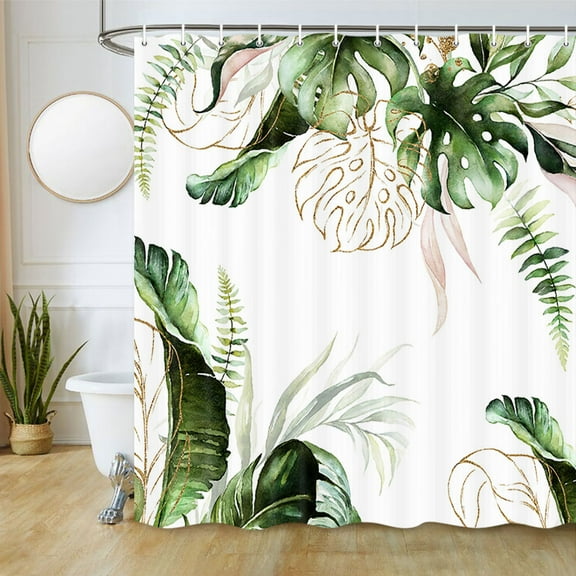 Tropical Plants Flowers Shower Curtain, Green Blush Tropical Leaves Shower Curtain with Hooks, Botanical Fabric Bathroom Curtain 69W X 70L Inch