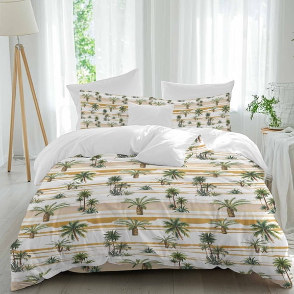 Tropical Plants Full Size Comforter Set, Summer Beach Brown Green Botanical Palm Trees Bedding for All Seasons, 4 Pcs Bed Set, 1Quiltcover (86"x86") ,1Sheet(80"x116"), 2Pillowcases (30"x20")