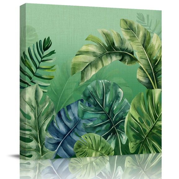 Tropical Plants Green Banana Leaves Canvas Artwork Painting Art, Summer Jungle Square Framed Wall Decorations Prints Picture for Bedroom Kitchen Living Room, 8x8 in