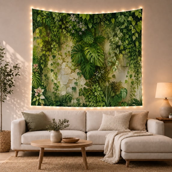 Tropical Plants Growing on Weathered Stone Wall, Serene Boho for Nature Enthusiasts, Botanical Wall Art, Housewarming Gift, Tapestry Wall Hanging for Living Room and Bedroom
