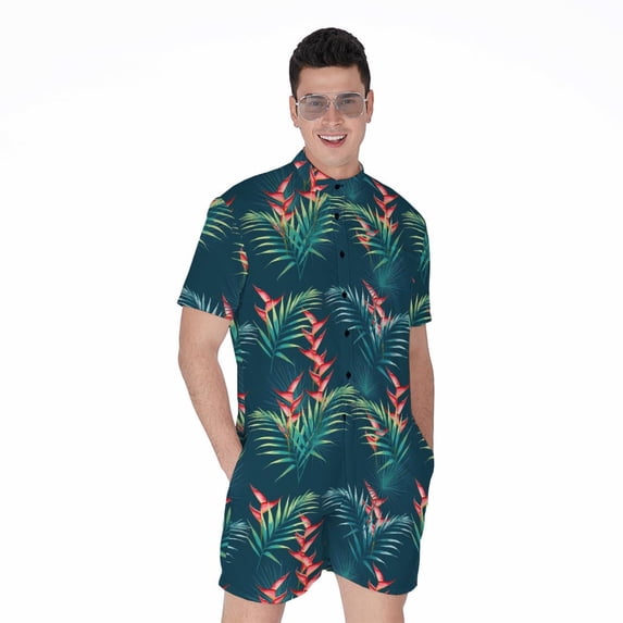 Tropical Plants Hawaii Pattern Short Sleeve Men'S Rompers, Tropical Hawaiian Aloha Floral Casual Summer Jumpsuits Outfit