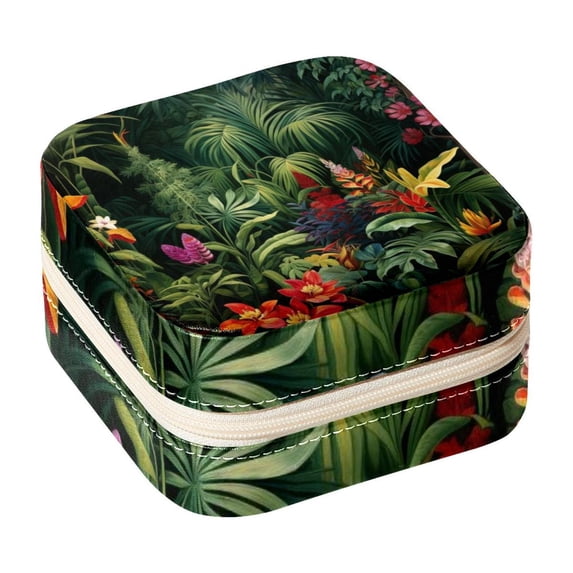 Tropical Plants Jewelry Display and Organizer: Portable Square Travel Case for Rings, Earrings, Necklaces, Bracelets - Suitable for Girls and Women