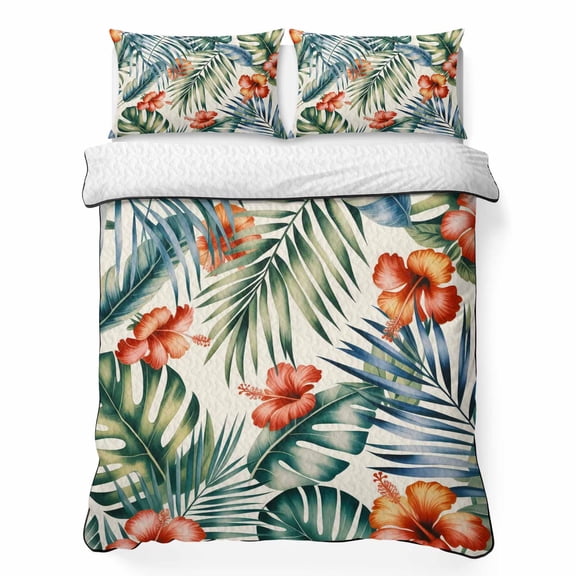 Tropical Plants King Quilt Bedding Set, Tropical Hibiscus Flowers Paired Dense Green Palm Lightweight Comforter with 2 Pillow Shams Bedroom Bedspread Set Home Decor for All Seasons