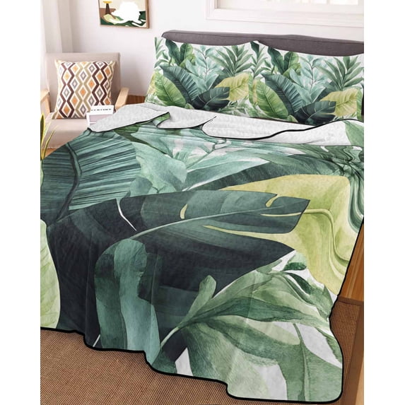 Tropical Plants King Size Down Alternative Comforter, Lightweight Comforter Quilt Bedding Set with Pillow Shams Country Summer Green Palm Leaves All Seasons Bed Comforter Duvet Insert 96"x106"
