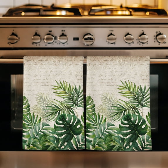 Tropical Plants Kitchen Towels Set of 2, Summer Vintage Monstera Green Palm Leaves Absorbent Dish Towels for Kitchen, Microfiber Hand Towel, Quick Drying Tea Towel for Cleaning Decorative Dishcloths