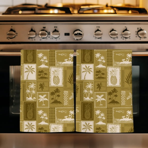 Tropical Plants Kitchen Towels Set of 3, Summer Palm Trees Pineapple Leaves Retro Yellow Absorbent Dish Towels for Kitchen, Microfiber Hand Towel, Quick Drying Tea Towel for Cleaning Dishcloths