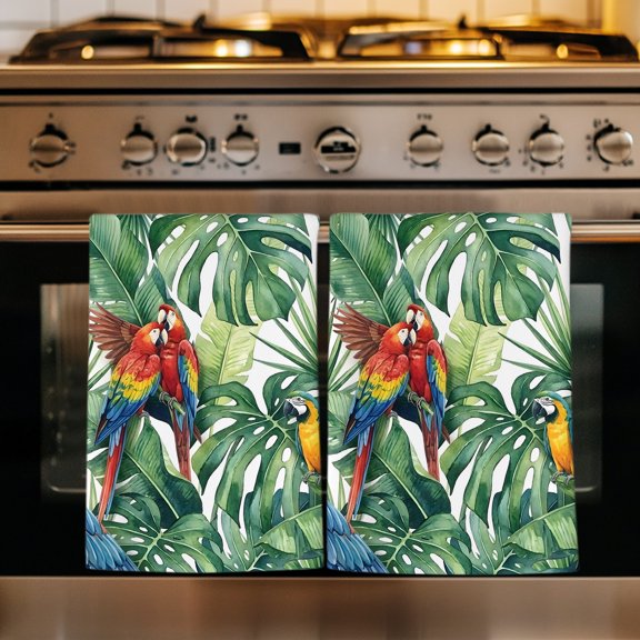 Tropical Plants Kitchen Towels Set of 3, Summer Rustic Monstera Palm Leaves Birds Green Absorbent Dish Towels for Kitchen, Microfiber Hand Towel, Quick Drying Tea Towel for Cleaning Dishcloths