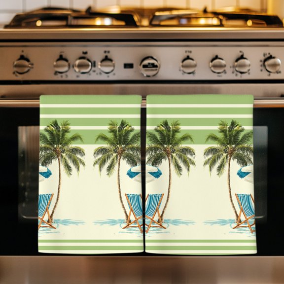 Tropical Plants Kitchen Towels Set of 4, Coastal Beach Coconut Tree Green Stripe Absorbent Dish Towels for Kitchen, Microfiber Hand Towel, Quick Drying Tea Towel for Cleaning Decorative Dishcloths