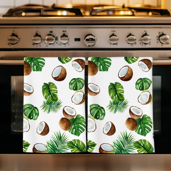 Tropical Plants Kitchen Towels Set of 4, Summer Coconut Palm Leaf Brown Green Absorbent Dish Towels for Kitchen, Microfiber Hand Towel, Quick Drying Tea Towel for Cleaning Decorative Dishcloths